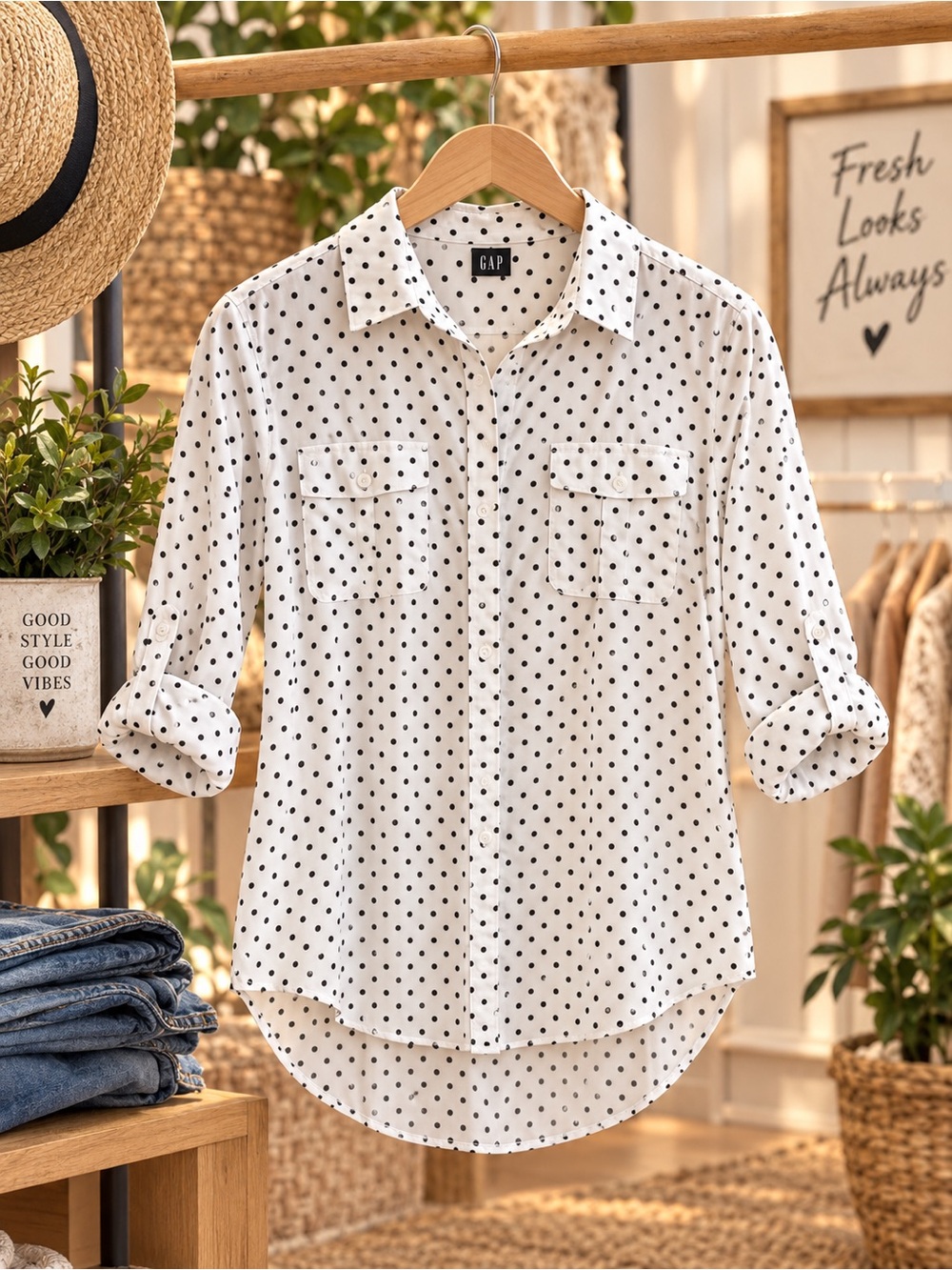 Apt. 9 White Button-Down Shirt with Black Polka Dots